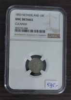 Schaarse 10 cent 1853 in slab NGC UNC details voor 595 euro, Ophalen of Verzenden, Koning Willem III, 10 cent, Zilver