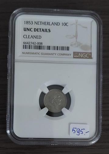 Schaarse 10 cent 1853 in slab NGC UNC details voor 595 euro beschikbaar voor biedingen