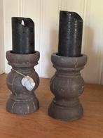 Stoere houten sobere kandelaars, donkergrijs, Ophalen of Verzenden, Zo goed als nieuw, Minder dan 25 cm