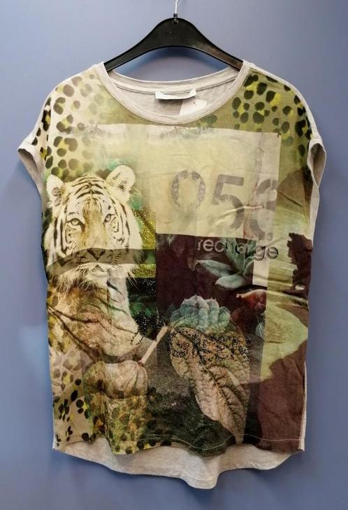Oui shirt grijs groene print met tijger & steentjes 40 40595, Kleding | Dames, T-shirts, Zo goed als nieuw, Maat 38/40 (M), Groen