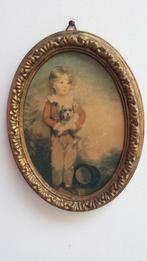 Oud Medaillon ~ JONGEN met HONDJE op ZIJDEN Stof 20x15,5 cm., Ophalen of Verzenden