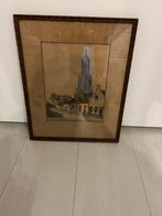 Schilderij/ pen tekening van een oude kerk, beige,, Antiek en Kunst, Ophalen of Verzenden