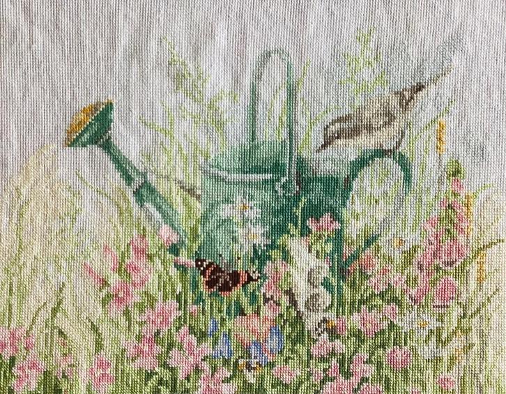 Borduurwerk, zijde, vogel, vlinder, gieter, Bastin, vintage, Hobby en Vrije tijd, Borduren en Borduurmachines, Gebruikt, Overige typen