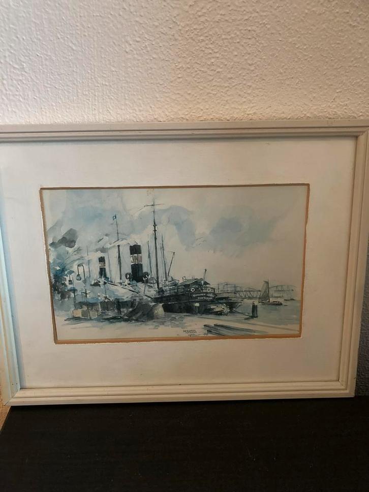 Aquarel Rotterdam Boompjes, Batavier IV, Willemsbrug, Verzamelen, Scheepvaart, Kaart, Foto of Prent, Ophalen of Verzenden