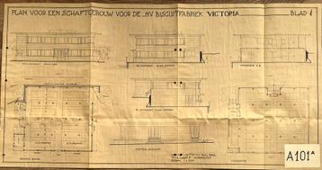Originele bouwtekening Victoria Dordrecht chocolade biscuit beschikbaar voor biedingen