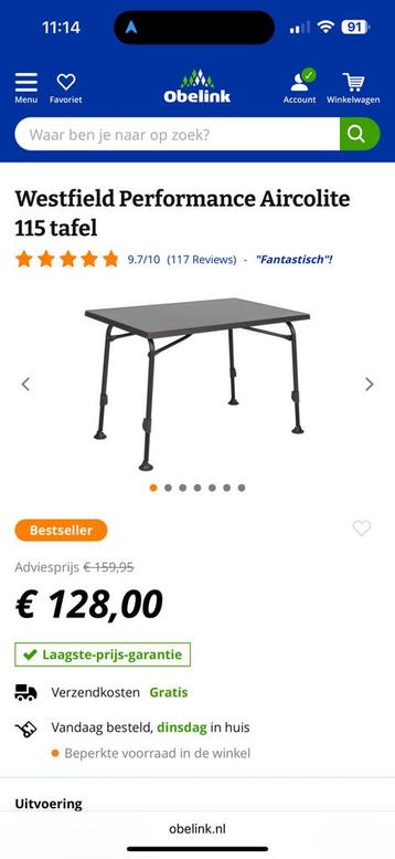 Westfield Permormance aircolite campingtafel 115x70 beschikbaar voor biedingen