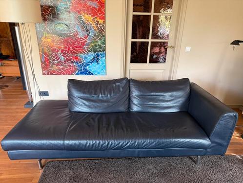 donkerblauw leren tweezits bank, Huis en Inrichting, Banken | Bankstellen, Gebruikt, Rechte bank, Tweepersoons, 200 tot 250 cm