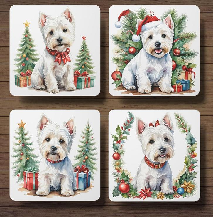 Westie Kerst onderzetters met houder, Huis en Inrichting, Woonaccessoires | Onderzetters, Nieuw, Glas of Kopje, Verzenden