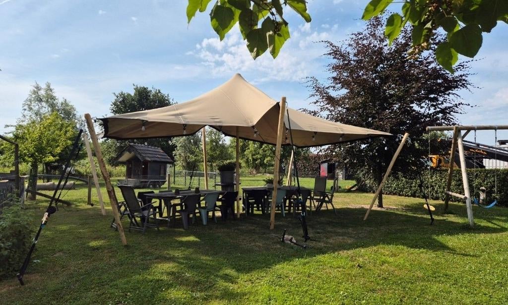 Stretchtent 7,5x5 meter chino, complete set met Douglas hout, Tuin en Terras, Partytenten, Ophalen, 8 meter of meer, 6 meter of meer