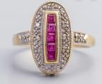 UIT ERFENIS GOUDEN ART DECO RING MET 5 ROBIJNEN EN DIAMANTEN, Ophalen of Verzenden, Zo goed als nieuw