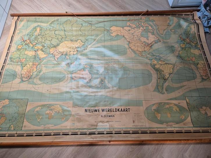 Oude Schoolkaart - Wereldkaart ~1954, Antiek en Kunst, Antiek | Schoolplaten, Aardrijkskunde, Ophalen
