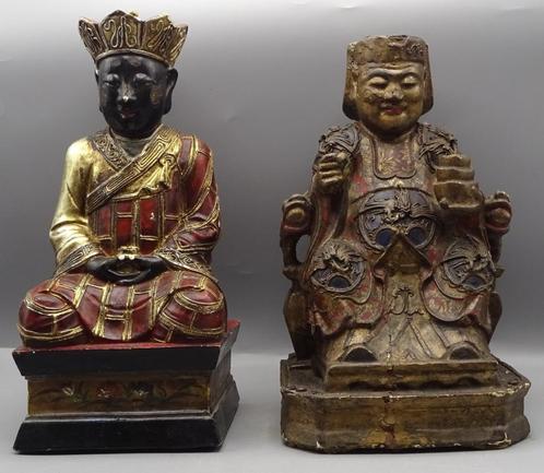 2 Unieke Houten Chinese Vintage Goden Polychroom beelden, Antiek en Kunst, Kunst | Beelden en Houtsnijwerken, Ophalen of Verzenden