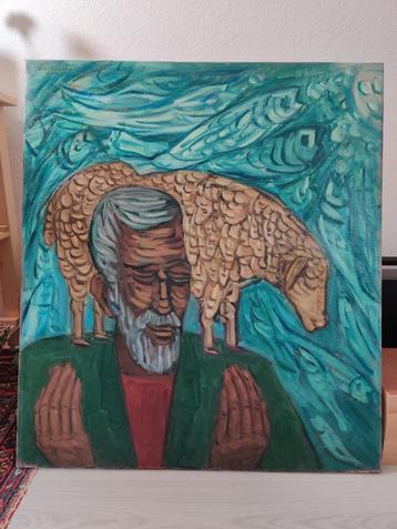Elly Kuipers (1938-2016) schilderij 'Man met lam en vissen' beschikbaar voor biedingen