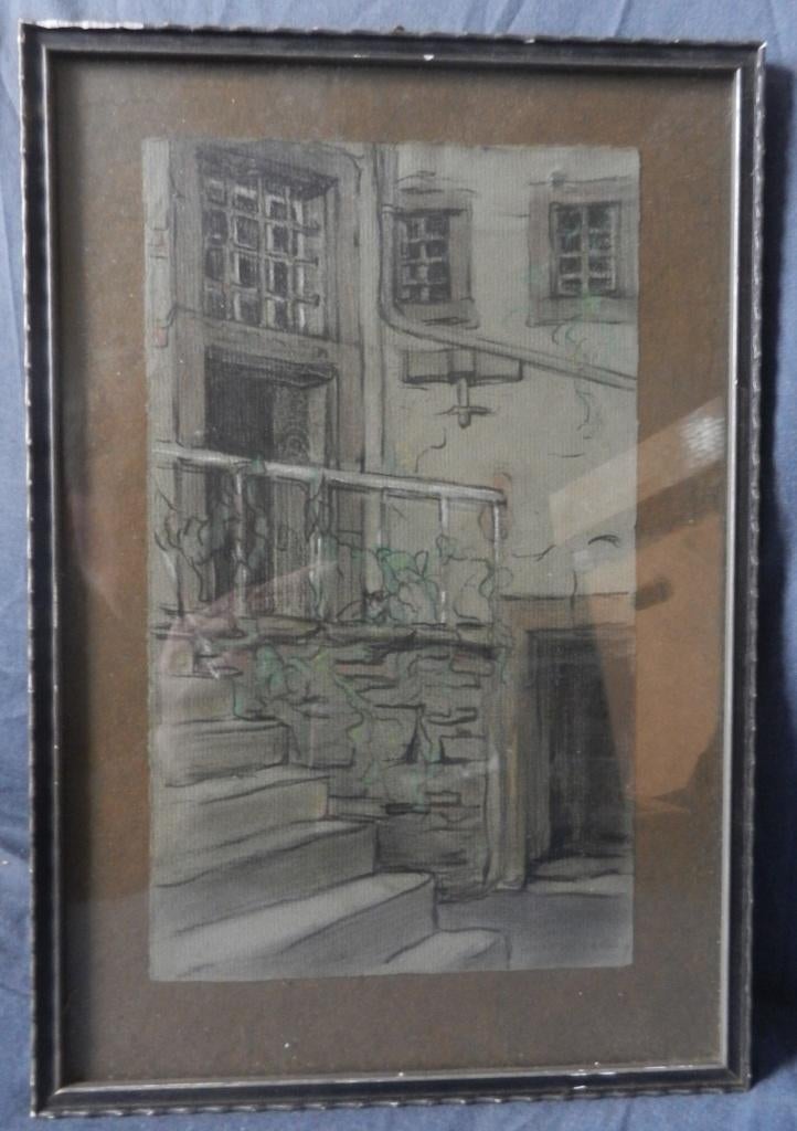 Gekleurd krijttekening Trappetje gesign. OS vd Hak(?) 1919, Antiek en Kunst, Ophalen of Verzenden