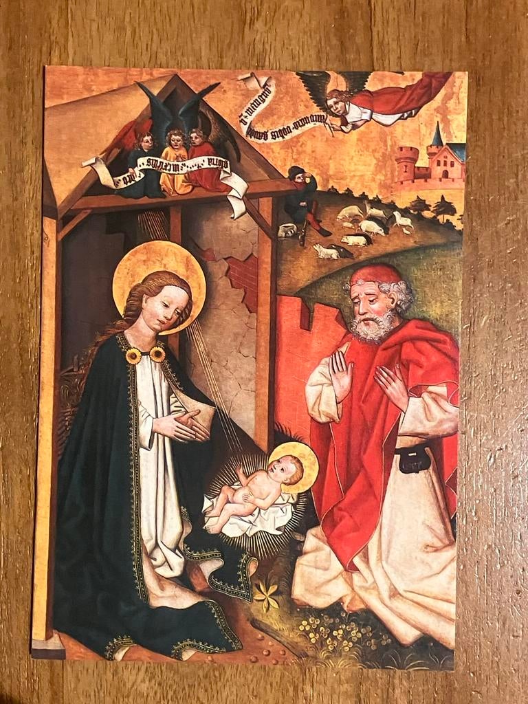 Kerstkaart Geboorte Christus - Dominikaner Altaar 1460, Antiek en Kunst, Antiek | Religie, Ophalen of Verzenden