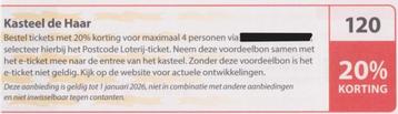 Kasteel de Haar Utrecht. 20% korting. Postcodeloterij nr 120 beschikbaar voor biedingen