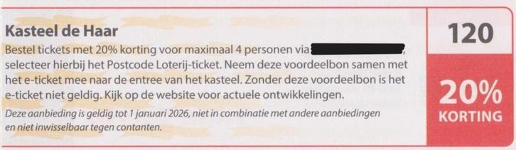 Kasteel de Haar Utrecht. 20% korting. Postcodeloterij nr 120, Tickets en Kaartjes, Musea, Drie personen of meer, Kortingskaart