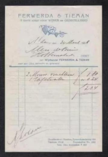 Haarlem Ferwerda en Tieman Wijnen en Gedistilleerd Nota 1938 beschikbaar voor biedingen