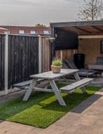 Picknicktafel met parasolgat + kussens – 4 tot 6 personen, Ophalen, Gebruikt, Rechthoekig, Hout