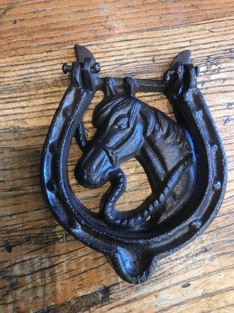 gietijzeren deurklopper, paardenhoofd en hoefijzer, Antiek en Kunst, Ophalen of Verzenden