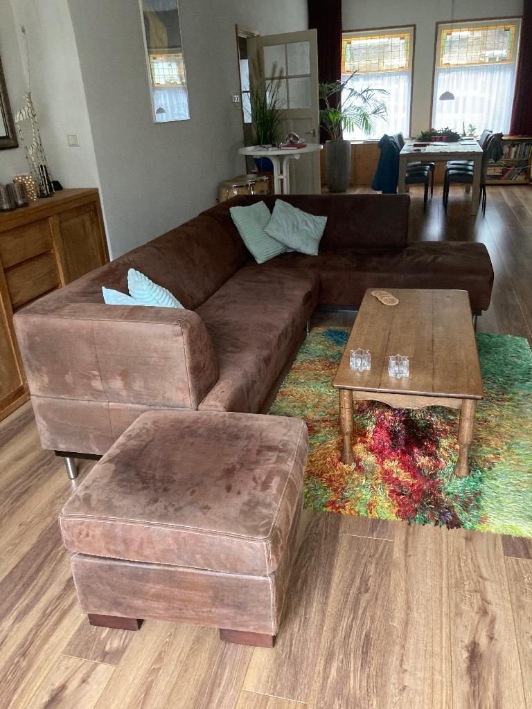 Hoekbank + Hocker, Ophalen, Gebruikt, Leer, Geïntegreerde chaise longue