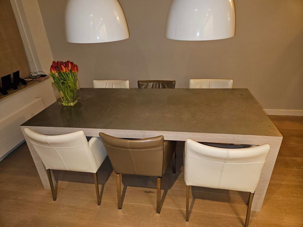 Eettafel (Label) met zinken blad en 6 leren stoelen, Gebruikt, Modern, Industrieel, 200 cm of meer, 50 tot 100 cm