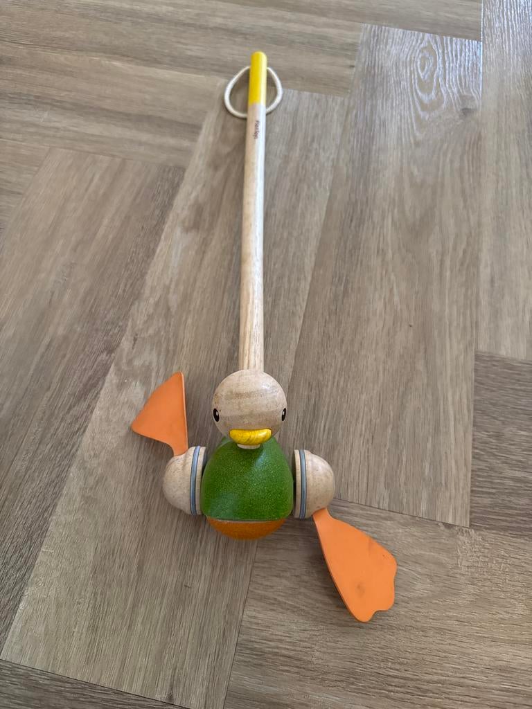 Houten duwstok eend - PlanToys, Ophalen, Gebruikt, Overige typen, Met wieltjes