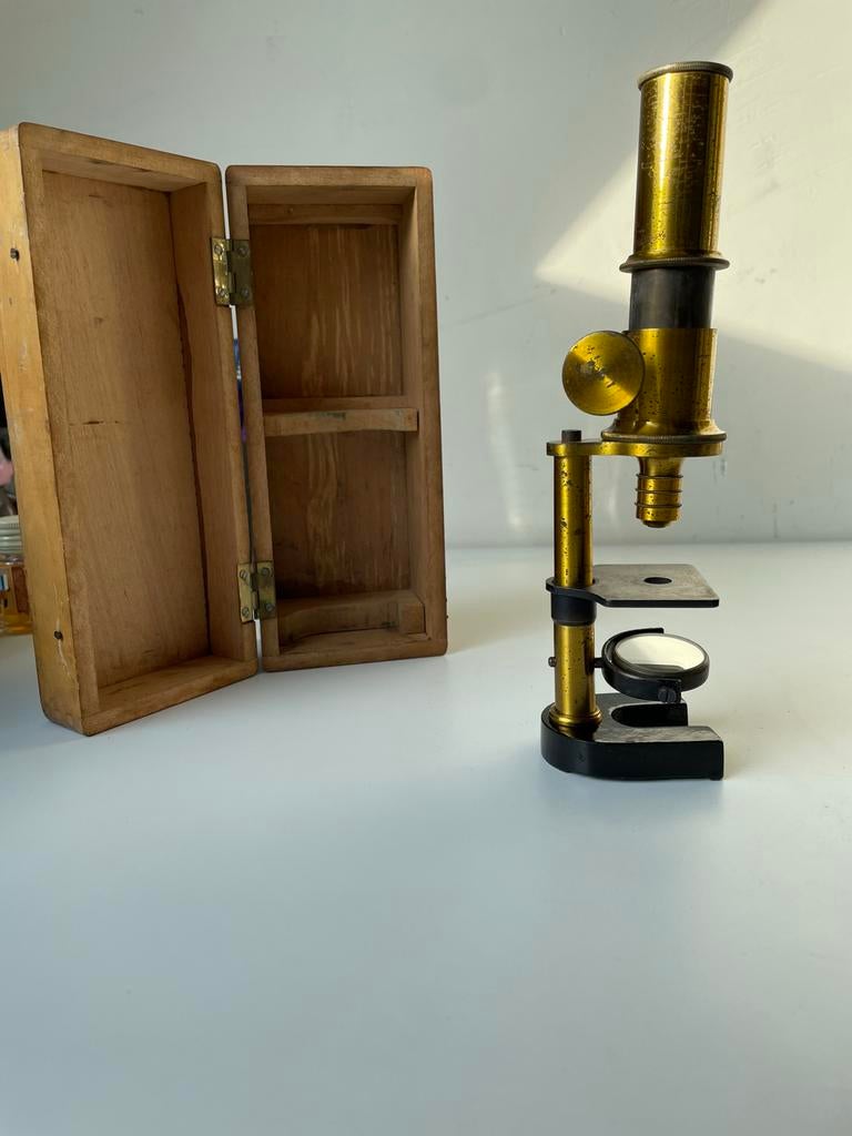 Antiek koperen microscoop in houten kistje, Audio, Tv en Foto, Optische apparatuur | Microscopen, Ophalen of Verzenden, Gebruikt