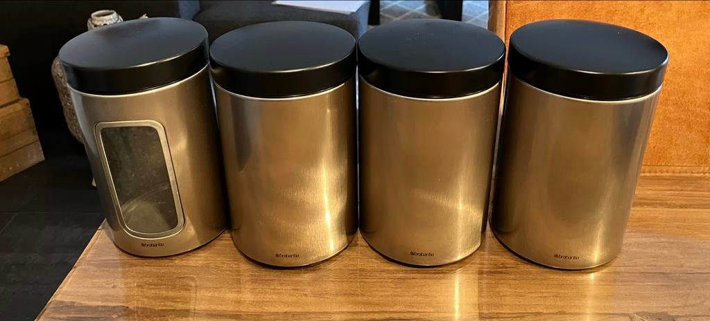 4 Brabantia voorraadbussen, waarvan 1 met venster, Ophalen, Gebruikt, Zilver, Voorraadpot