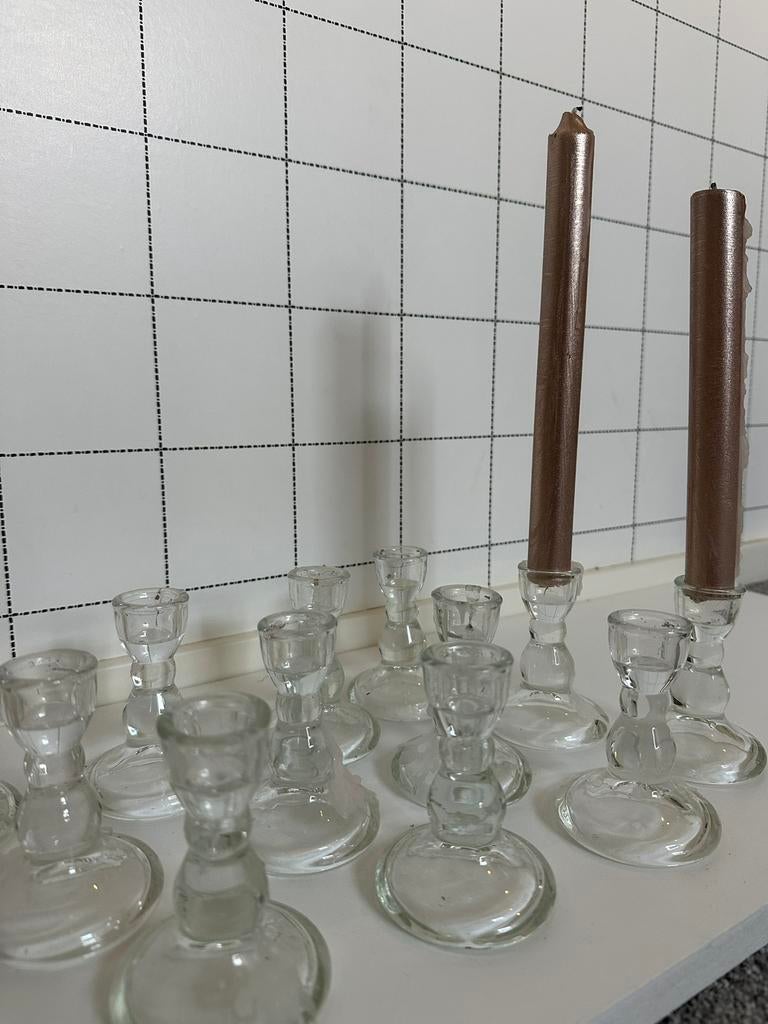 Glazen kandelaars 10 stuks, Ophalen of Verzenden, Zo goed als nieuw, Overige materialen, Minder dan 25 cm