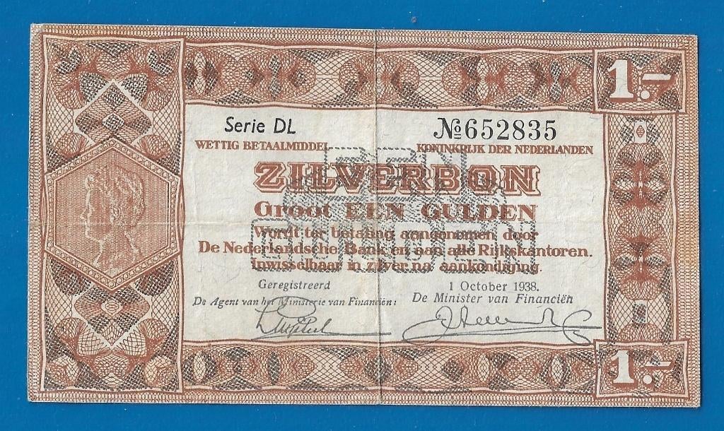 Zilverbon 1 gulden - 1938, Verzenden, 1 gulden, Los biljet