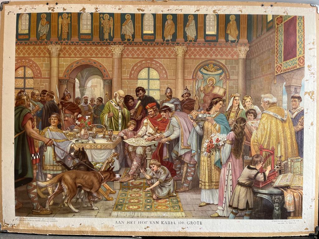 Antieke schoolplaat(Aan het hof van Karel de Grote), Antiek en Kunst, Antiek | Schoolplaten, Ophalen, Geschiedenis