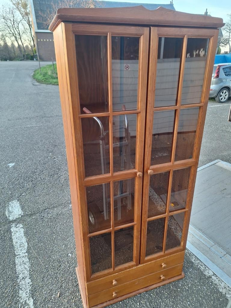 Grenen vitrinekast, Ophalen, Gebruikt, 50 tot 100 cm, 150 tot 200 cm