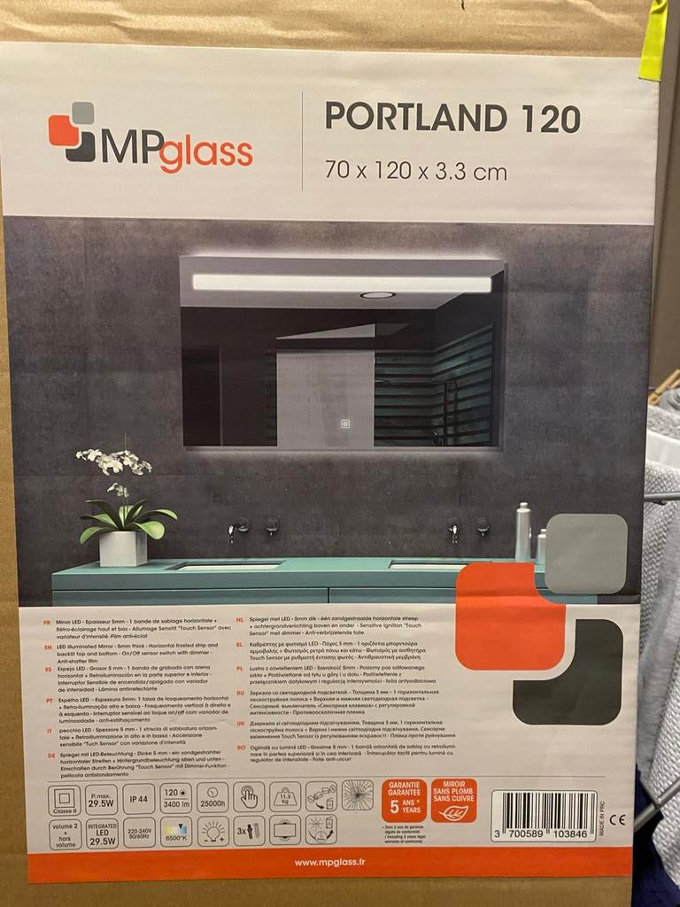 Moderne Spiegel met Verlichting - Portland 120, Gebruikt, 100 tot 150 cm, Ophalen of Verzenden, Rechthoekig