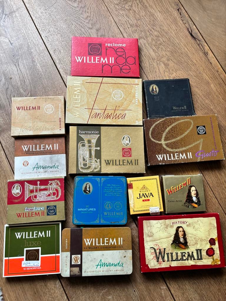 14x Vintage sigarendozen Willem II (tabak sigaren verzamelen, Ophalen of Verzenden, Gebruikt, Tabaksdoos of Verpakking
