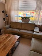 Olijfgroen leren bankstel (2,5-zits en 2-zits) in goede staa, Huis en Inrichting, Banken | Bankstellen, Ophalen, Gebruikt, Rechte bank