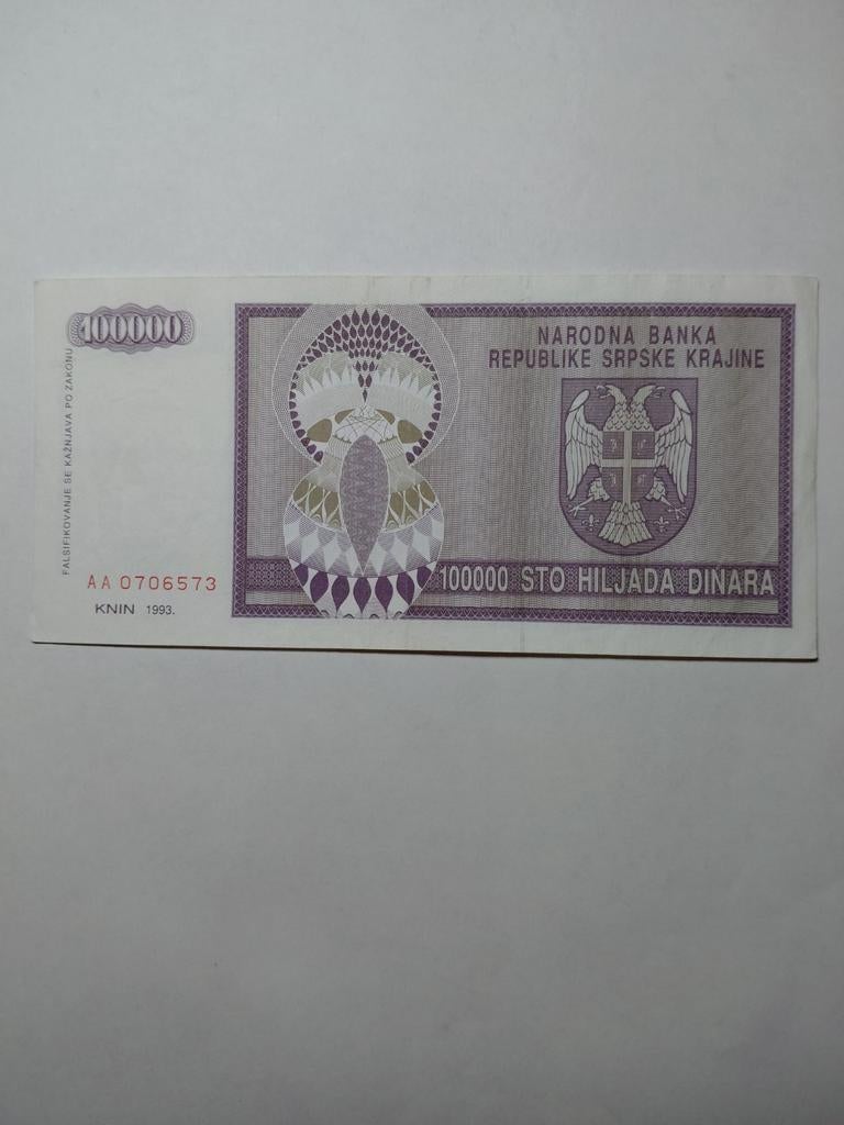 Bosnië 100 000 dinara 1993, Ophalen of Verzenden, Overige landen
