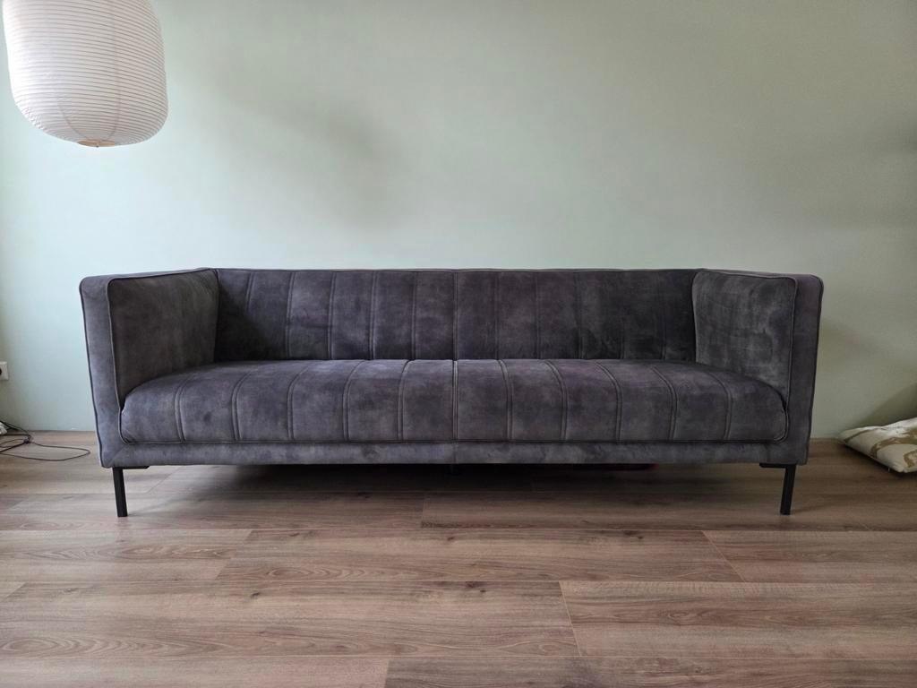 Groene bank velours in goede staat, Ophalen, Driepersoons, 75 tot 100 cm, Rechte bank