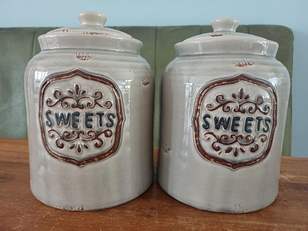 Set van 2 vintage 'Sweets' voorraadpotten, Ophalen of Verzenden, Zo goed als nieuw, Rond
