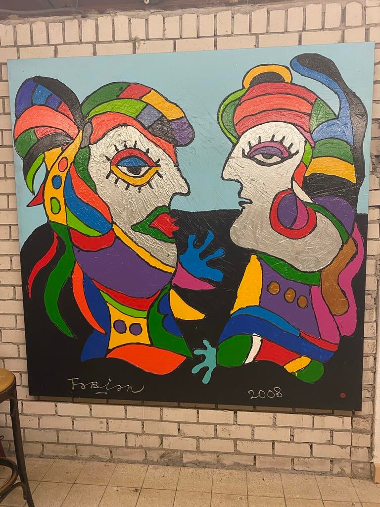 Kleurrijk Modern Kunstwerk 'Gezichten' - Fabian 200x200cm, Ophalen