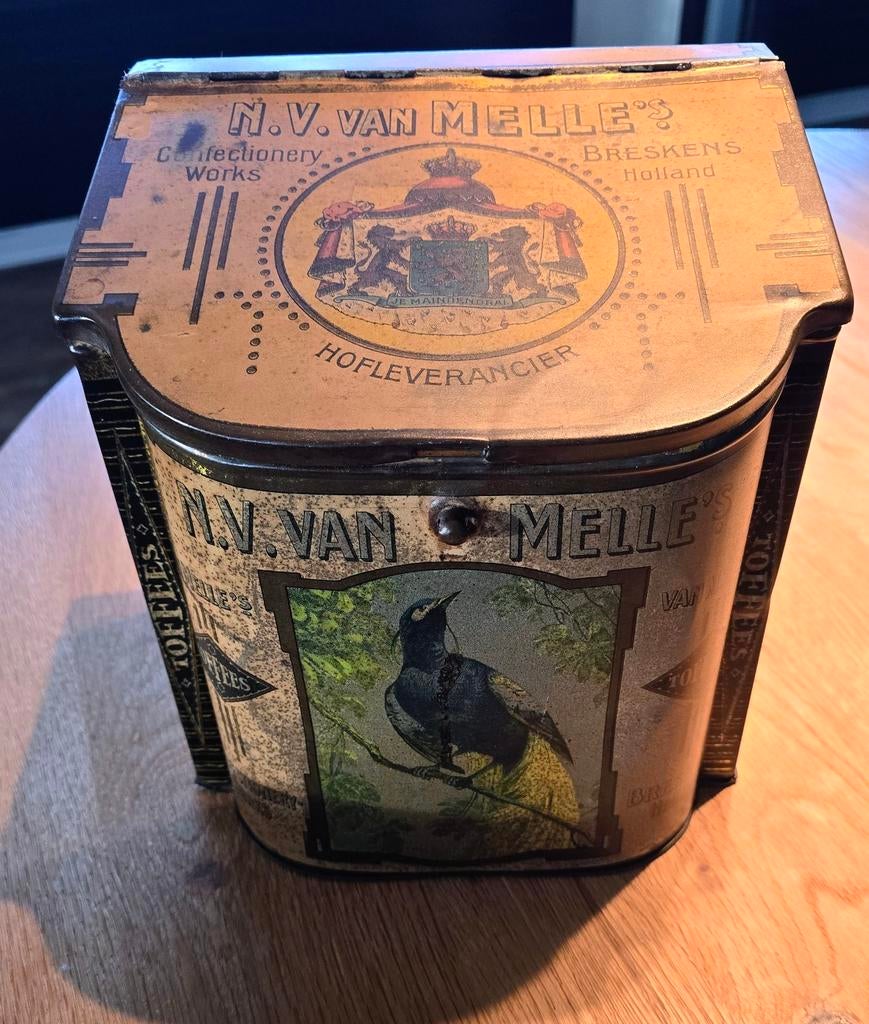 Antiek winkelblik van Melle, Verzamelen, Blikken, Ophalen of Verzenden, Gebruikt, Overige