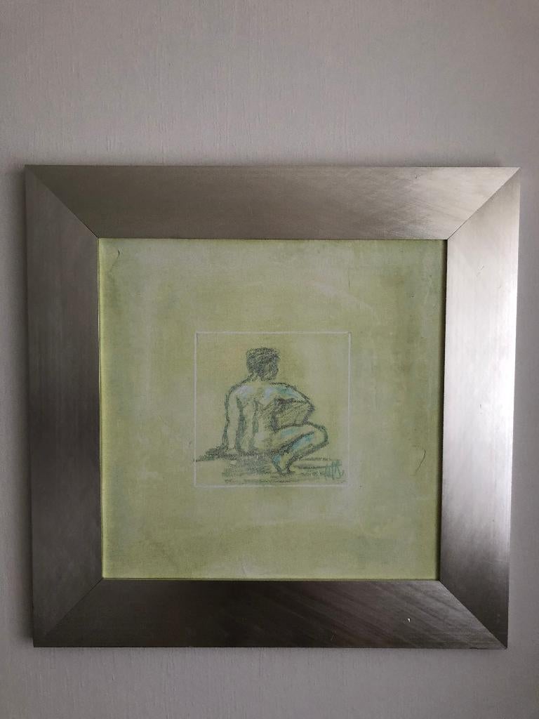 Schilderij van een naakt op de rug gezien. 69 * 69 cm., Huis en Inrichting, Oorspronkelijke maker, Ophalen of Verzenden, Zo goed als nieuw