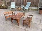 Teakhouten kinderset 2 bankjes en tafeltje, Tuin en Terras, Ophalen, Gebruikt