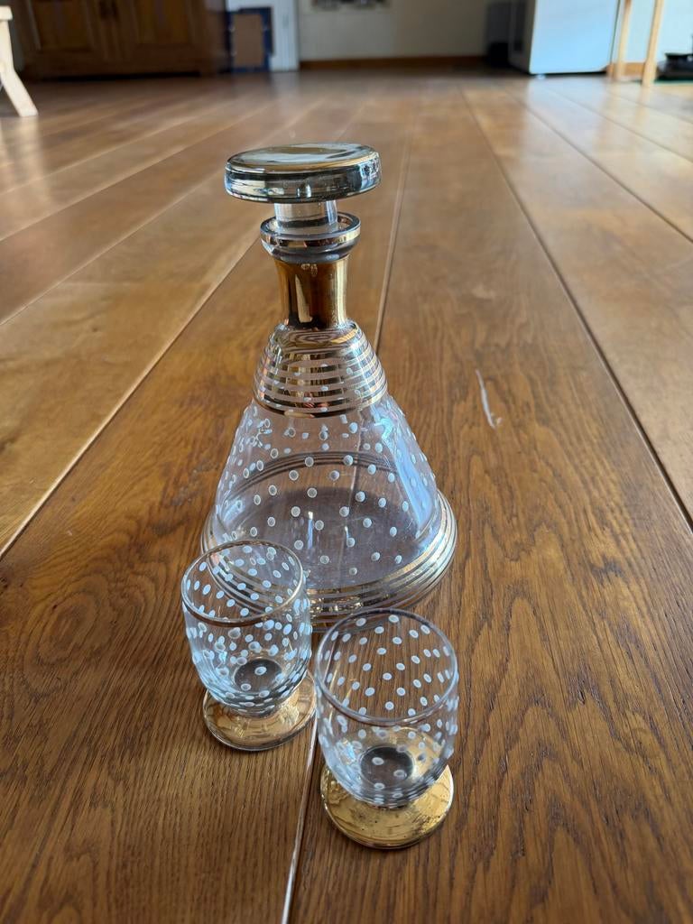 Vintage likeurset - Karaf met 2 glaasjes, retro design, Ophalen