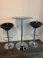 Glazen bar tafel, 2 krukken, Ophalen, Zo goed als nieuw, 60 tot 90 cm