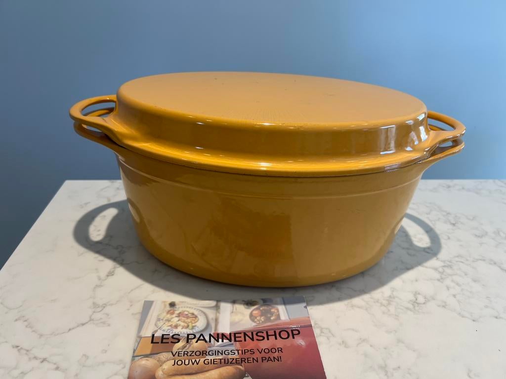 Cousances braadpan met grill deksel, 32 cm ovaal, Huis en Inrichting, Gebruikt, Gietijzer, Ophalen of Verzenden, Keramische plaat