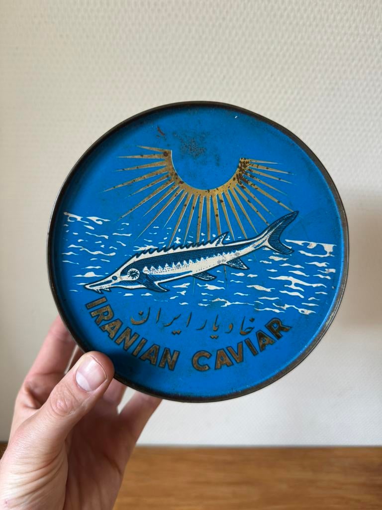 Vintage Decoratief Groot Kaviaar Blik, Blauw Iranian Caviar, Ophalen of Verzenden