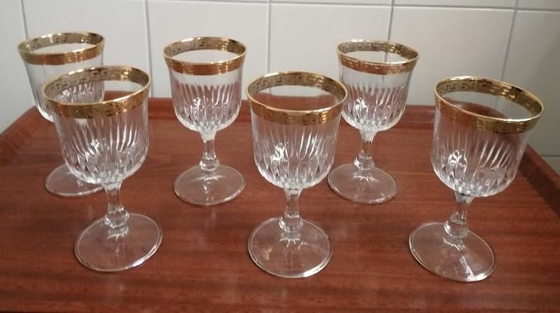 Vintage kristal portglazen goud gerand 6 x, per stuk € 10,00, Ophalen of Verzenden