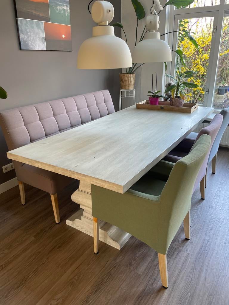 200 euro Elegante eettafel, plus de stoelen en bank!, Ophalen, Gebruikt, 200 cm of meer, 50 tot 100 cm