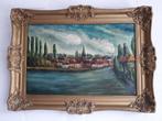 Mooi oud olieverf schilderij Brocante dorp met water lijst., Antiek en Kunst, Ophalen